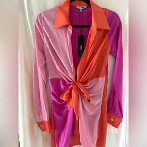 Fashion Nova Pink + Orange Colorblock Tie-Front Satin Button Down